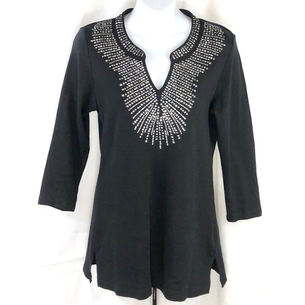 JM Collection tunic top S Blk Stud Beaded V-Neck Longsleeve Metal Rock Gothic